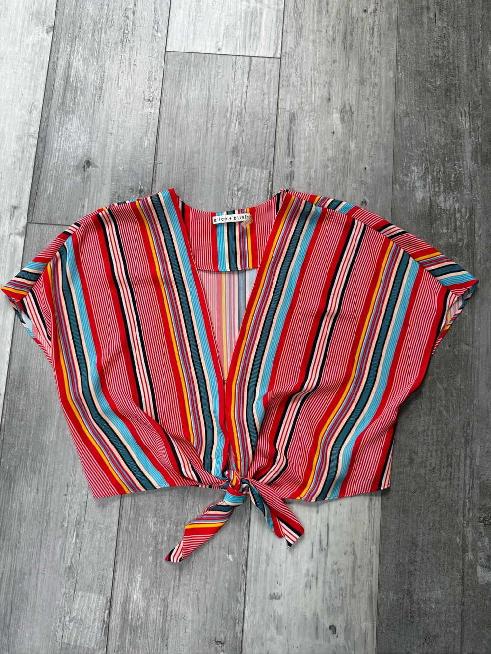 Alice + Olivia Lydia Tie Front Striped Crop Top Small Red Blue